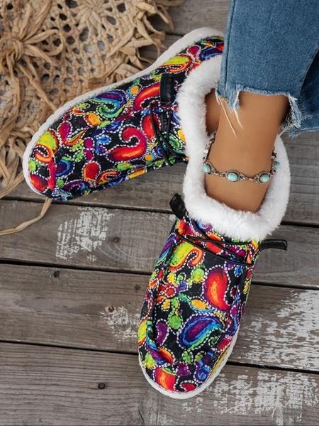Women's Fall Winter Boho Style Slip-On Loafers, Round Toe Lace-Up Casual Shoes, Warm Textile Upper Eva Sole, Low Top Ankle Boots, Casual Fashion Shoes