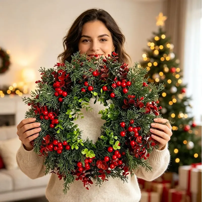 Christmas Front Door Wreath, Artificial Xmas Wreath with Red Berries, Golden Bow, Snowflake & Mini Gift Ornaments, Winter Holiday Hanging Decor for Porch, Window, Fireplace, Indoor Outdoor, Christmas Party New Year Festive Home Decoration Gift