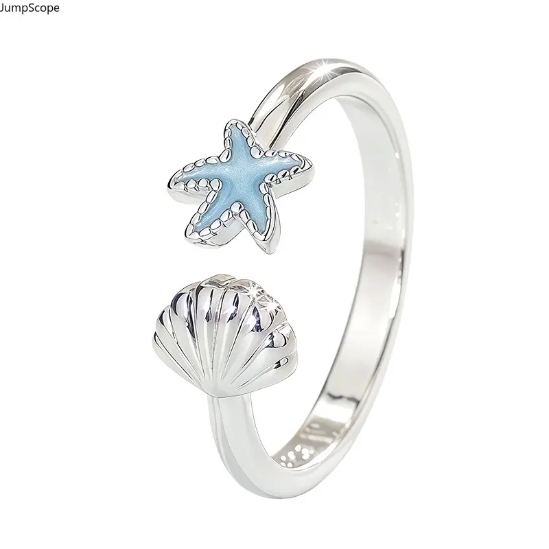 Women's Adjustable Size Coastal Theme Silver Starfish Shell Open Ring - Light Blue Enamel Marine Nautical MDF+Steel Ring Shape Minimal Holiday Gift for Leisure & Outdoor Recreation