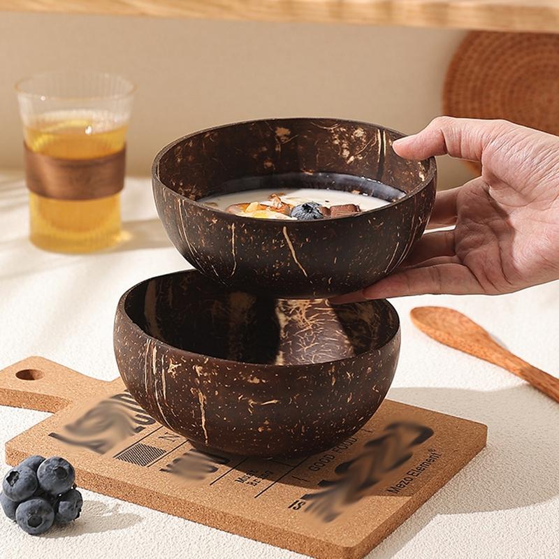 Natural Coconut Shell Bowl Set with Wooden Spoon, Traditional Southeast Asian Vietnamese Coconut Bowls, Eco-Friendly Serving Fruit Smoothie Salad Bowls