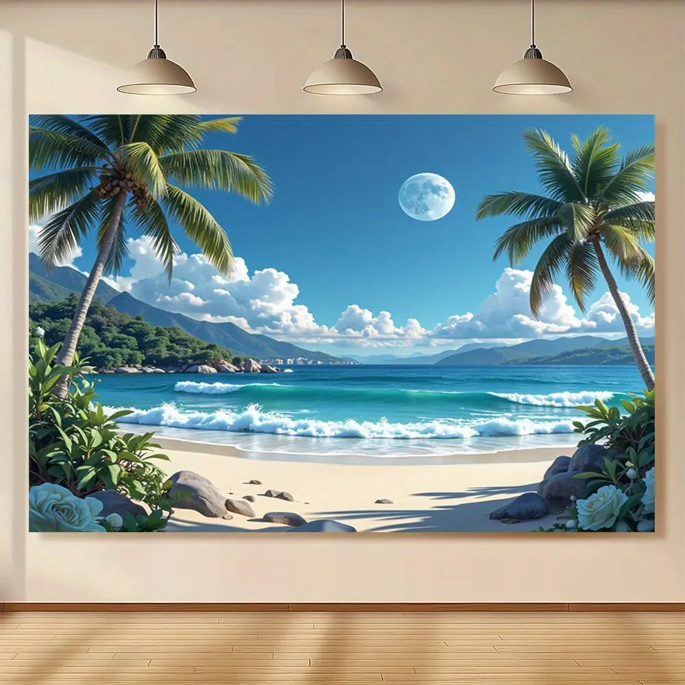 2D Flat Tropical Beach Banner | Palm Trees Ocean Waves Island Paradise Backdrop | Single-Sided Polyester | Metal Grommets for Easy Hanging | Perfect for Weddings, Birthdays, Parties, Home Decor & Photo Backgrounds