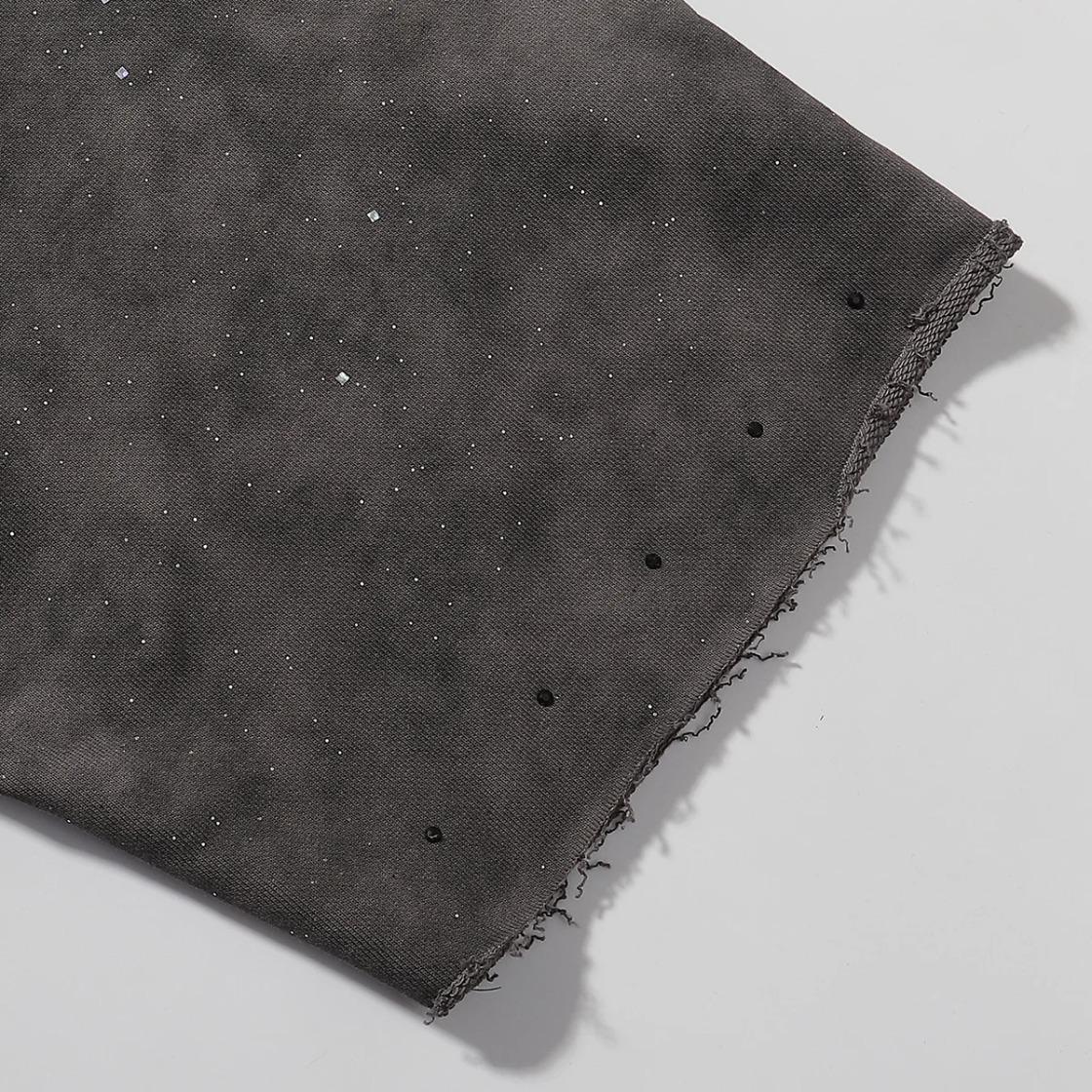 Sparkling Rhinestone Crew Neck T-Shirt, Unisex Loose Cotton Summer Tee, Plus Size, Bling Character Print, Washed Gray Full Diamond Cropped Top for Men Women