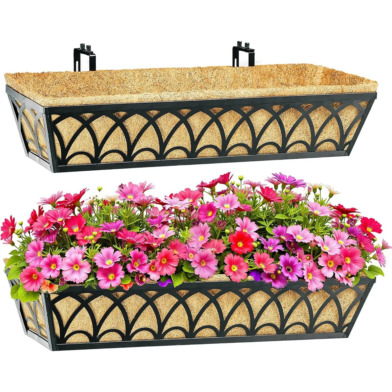 2-Pack 30in Geometric Dark Metal Frame Railing Planter Boxes with Adjustable Brackets, Coco Liners, Easy Installation - Balcony Flower Pots & Planters for Outdoor Garden Decor