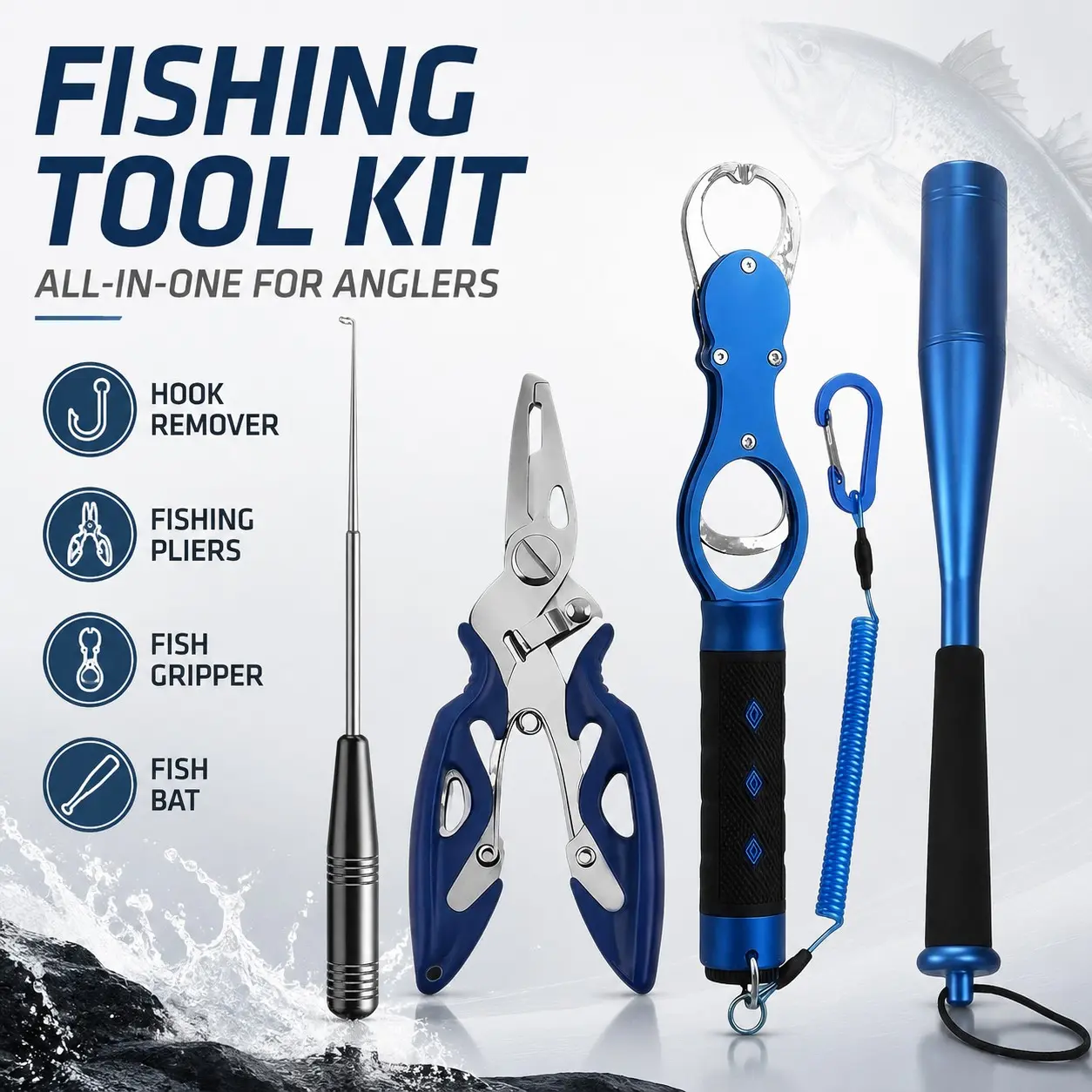Multi-Functional Fishing Gear Kit, Hook Remover, Lure Pliers, Fish Control Tool, Fish Strike Hammer, Ideal for Bass, Saltwater, Shore, Boat Fishing