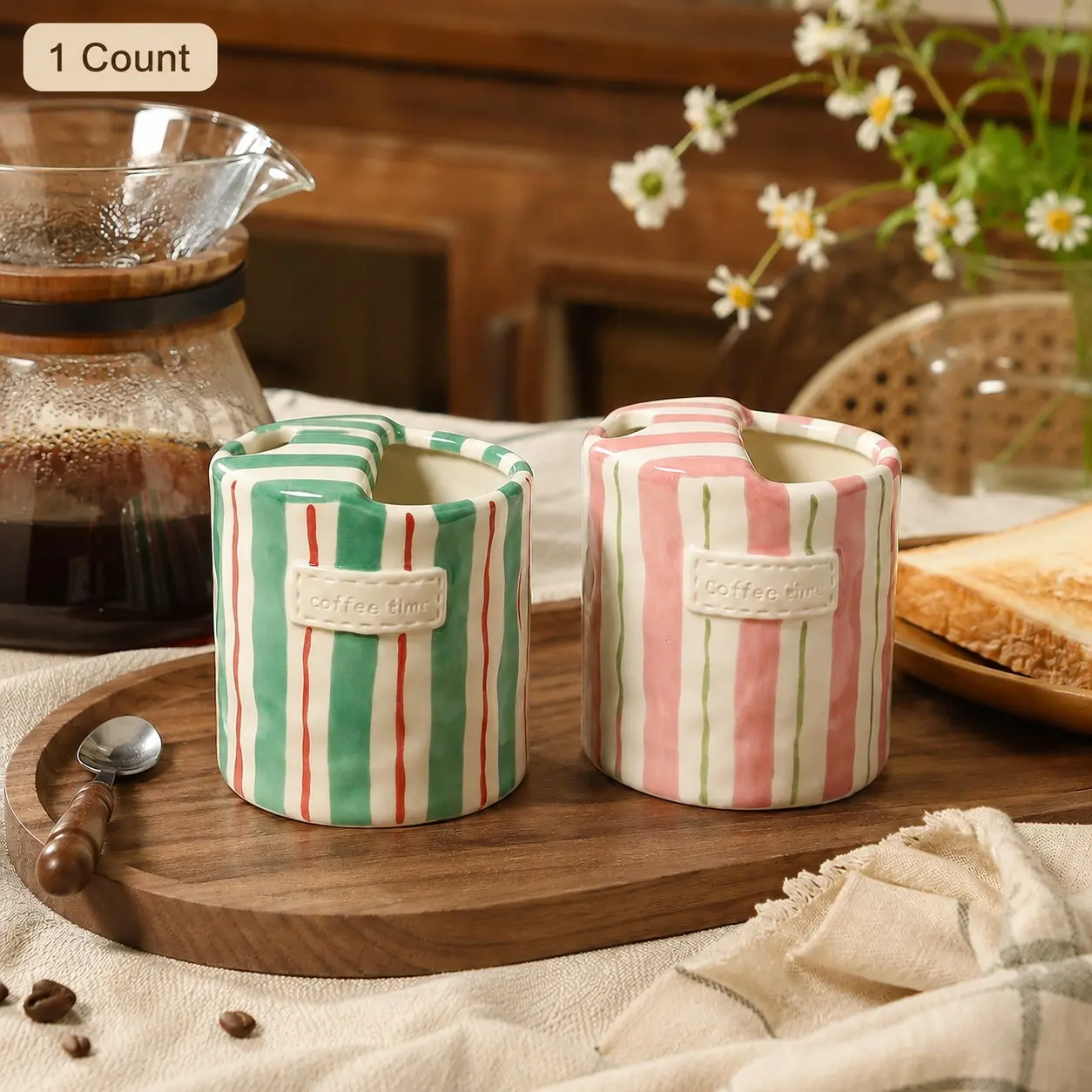 European Vintage Striped Ceramic Mug, Vintage Handmade Look Coffee and Tea Cup with Easy Grip Handle, Decorative Drinkware for Breakfast, Latte, Home Decor, Holiday Gift and Coffee Mugs