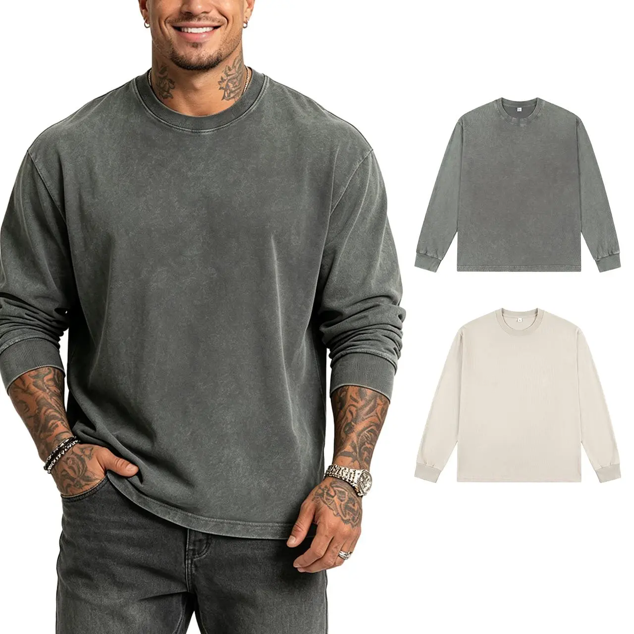 Men's Basic Loose Baggy Plain Long-Sleeve T-Shirt - 1/2 Pack Faded-Wash Vintage Casual Top for Unisex Café Visits, Indoor Daily Outfits, All Seasons (Brown, Black+Beige, M), Everyday