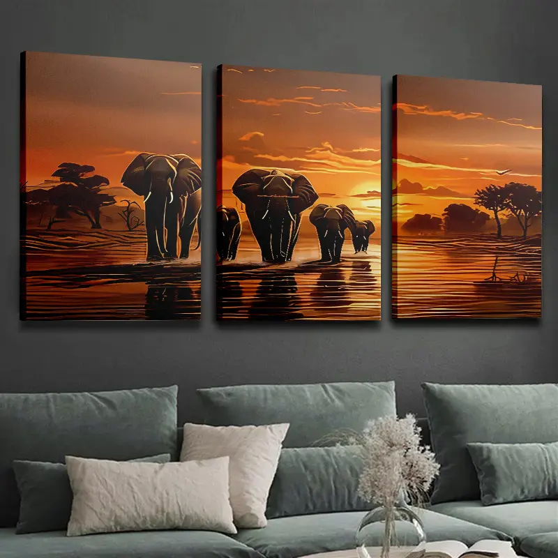 2D Flat Wooden‑Framed 3‑Panel African Sunset Elephant Triptych Canvas Wall Art, Premium Ink Printed Wrapped‑Frame Artwork, Indoor‑outdoor Wall Decor, Holiday Gift for Easter, Wedding, Graduation, Anniversary, Halloween and Christmas