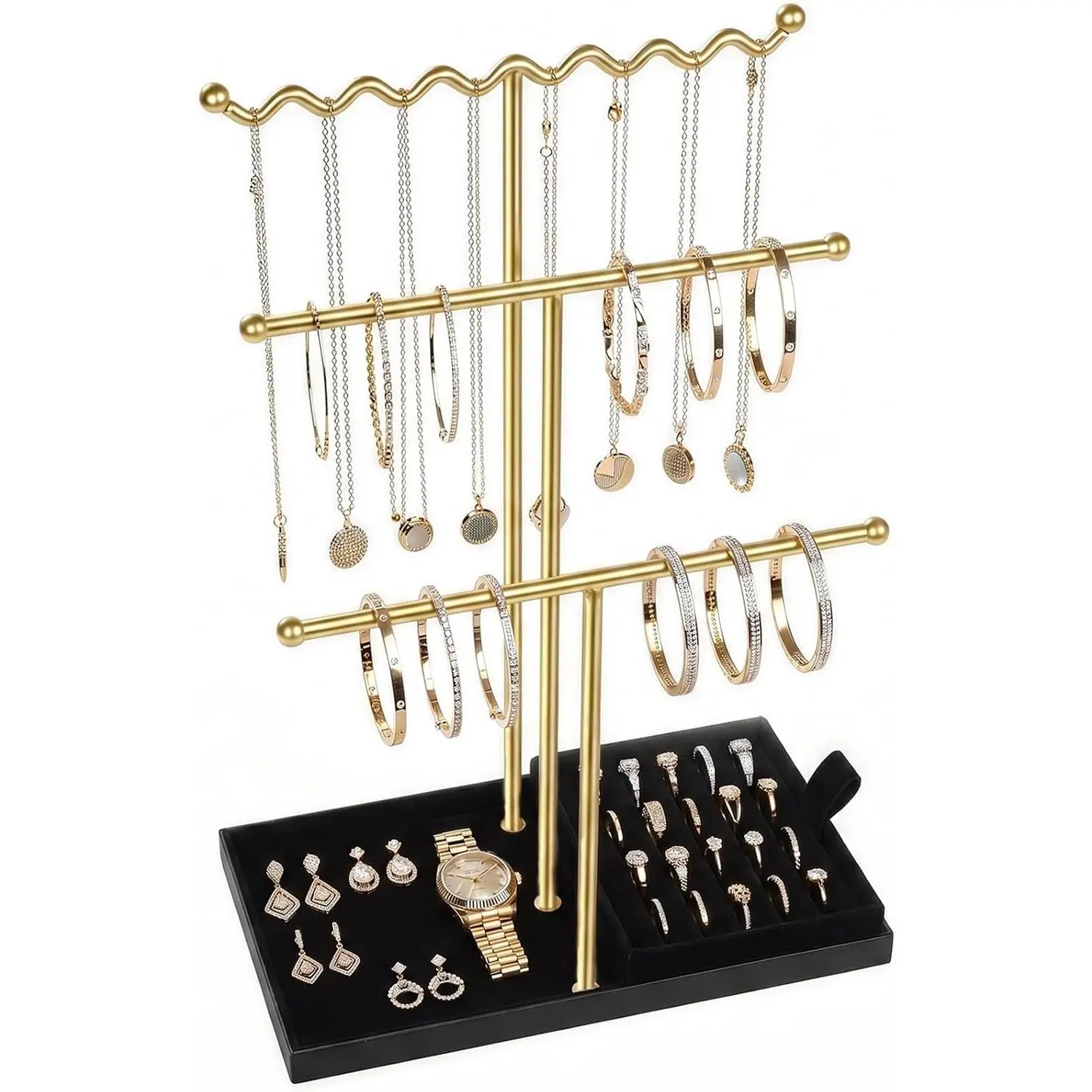 Metal & Synthetic 3-Tier Jewelry Stand Holder Organizer with Detachable Tray, Elegant Tower for Displaying Bracelets, Necklaces, Earrings, Rings (Black), Display Jewelry, Three Tiers