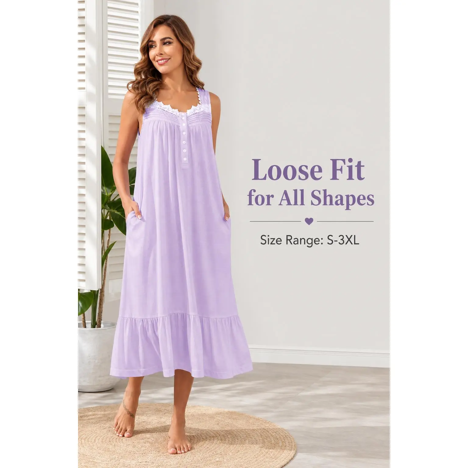 Women's Soft Cotton Sleeveless Long Nightgown with Pockets - Lightweight, Feminine Cardinal Bow Lace, Contrast Mesh, Floral Print Satin Babydoll, Button-Accented, Plus Size (S-3XL), Hospital Home Wear Loungewear, Everyday, Pleated, Ruffle