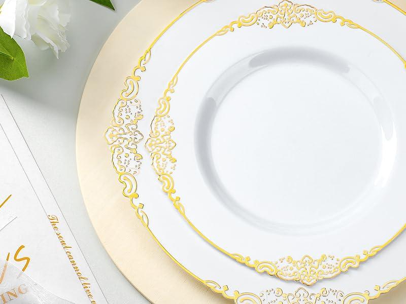 Bestluck 175PCS Gold Plastic Plates for 25 Guests, Disposable Dinnerware Sets Include 50 Gold Rim Plastic Plates, 25 Silverwares, 25 Cups, and 25 Pre Rolled Napkins for Party, Wedding and Graduation Bestluck 175PCS Gold Plastic Plates for 25 Guests, Disposable Dinnerware Sets Include 50 Gold Rim Plastic Plates, 25 Silverwares, 25 Cups, and 25 Pre Rolled Napkins for Party, Wedding and Graduation