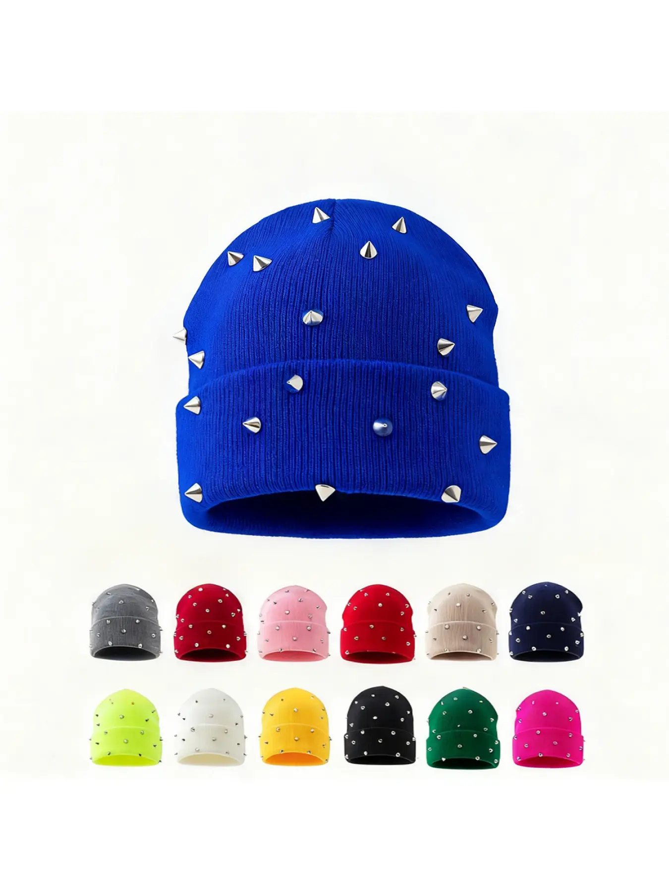 Women Men Punk Rivet Beanie Hat Bold Graphic Hats Winter Warm Thick Knitted Plush Beanie Retro Street Style Skull Cap for Cold Weather Fashionable Headwrap