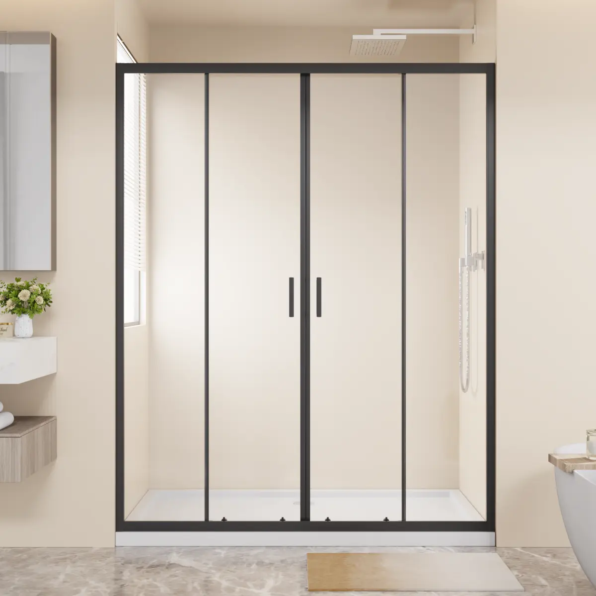 60"x72" Framed Shower Sliding Door – 4-Panel Center-Opening Double Sliding Shower Enclosure, 1/4" (6mm) Tempered Safety Glass, Aluminum Frame with Stainless Steel Handles, Smooth Rollers, Black