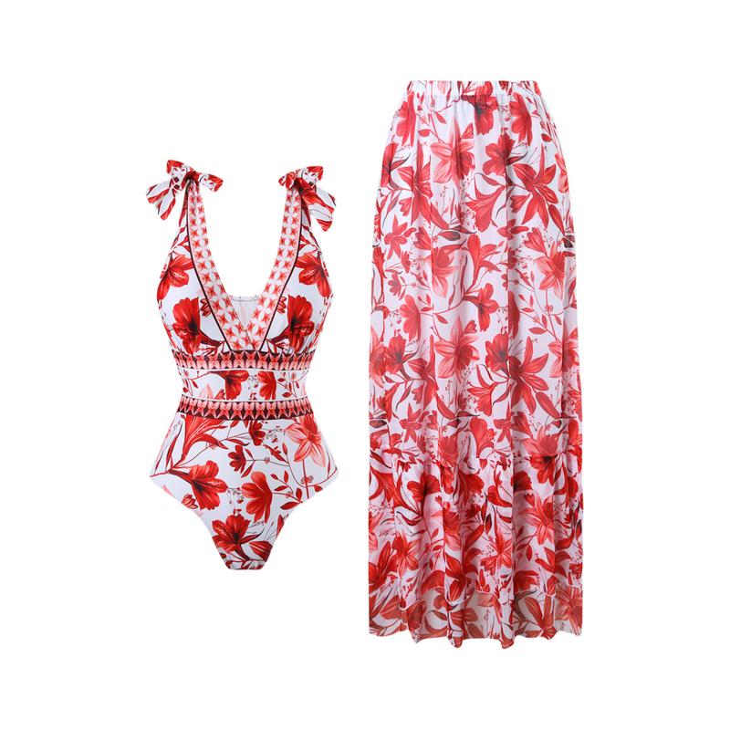 Women's V Neck Bohemian Print One-Piece Swimsuit and Matching Cover Skirt Set Summer Swimdress Swimming Vacation Beach Bathing SuitSuit Stylish Beachwear