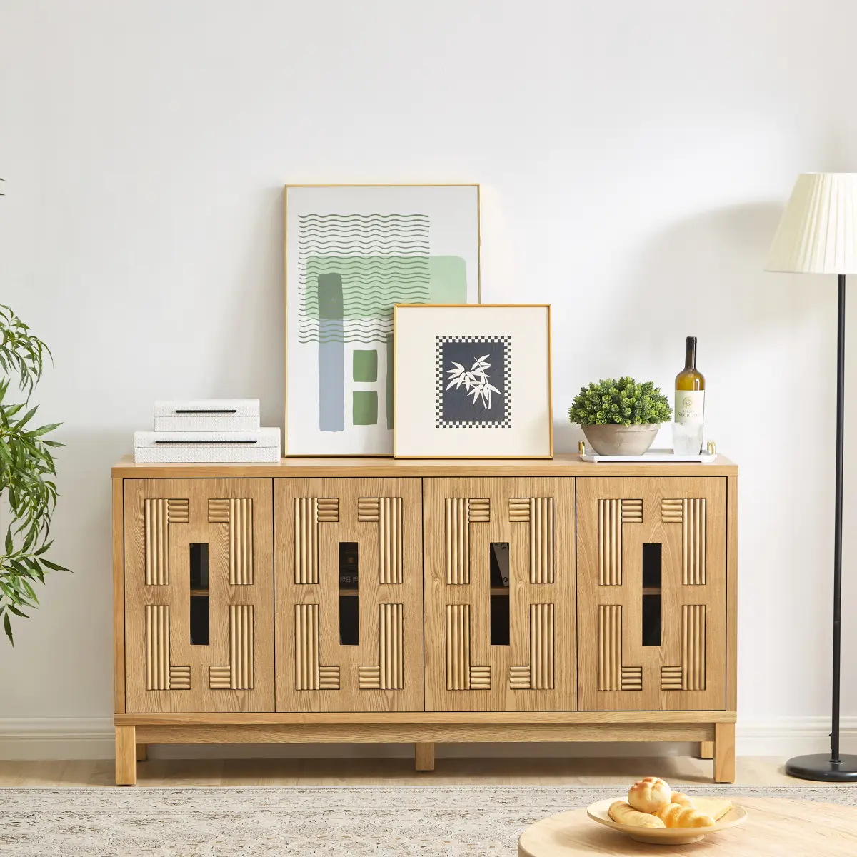 60.7" Mid Century Modern Sideboard Buffet Cabinet with Storage, TV Media Console Table with Carved Openwork Design, Storage Cabinet with 4 Doors & Adjustable Shelves for Kitchen Living Room Entryway