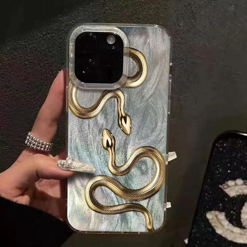 1pc Golden Snake Trendy Brand Illustration Feather IMD Phone Case for iPhone 17 16 16e 15 14 13 12 11 promax air x xr xs 8 7 plus Protective Cover