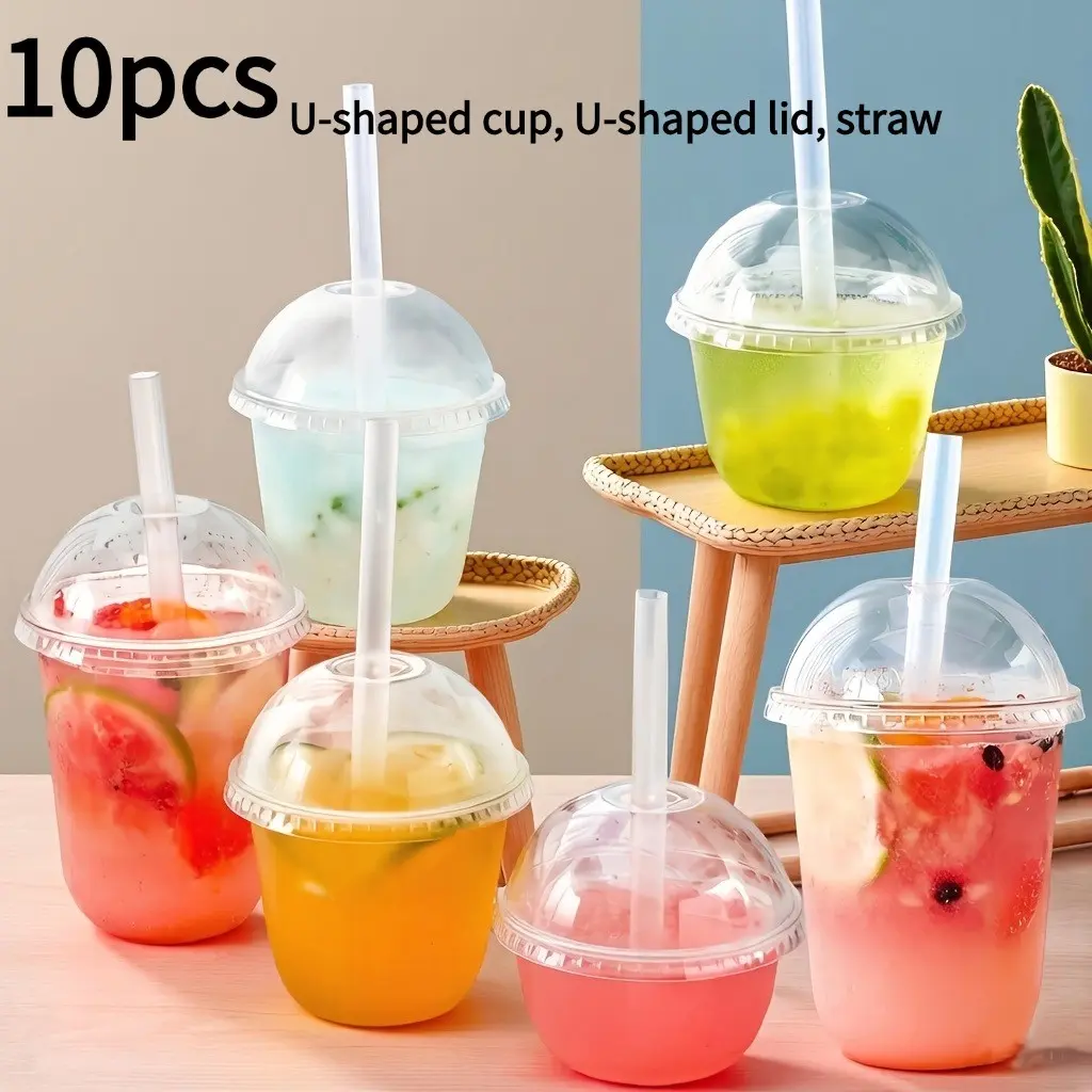 10 Pcs Transparent Plastic Cold Drink Cups Set, U-Shape Cup with Lid and Straw, Ideal for Outdoor Picnics, Parties, Holidays