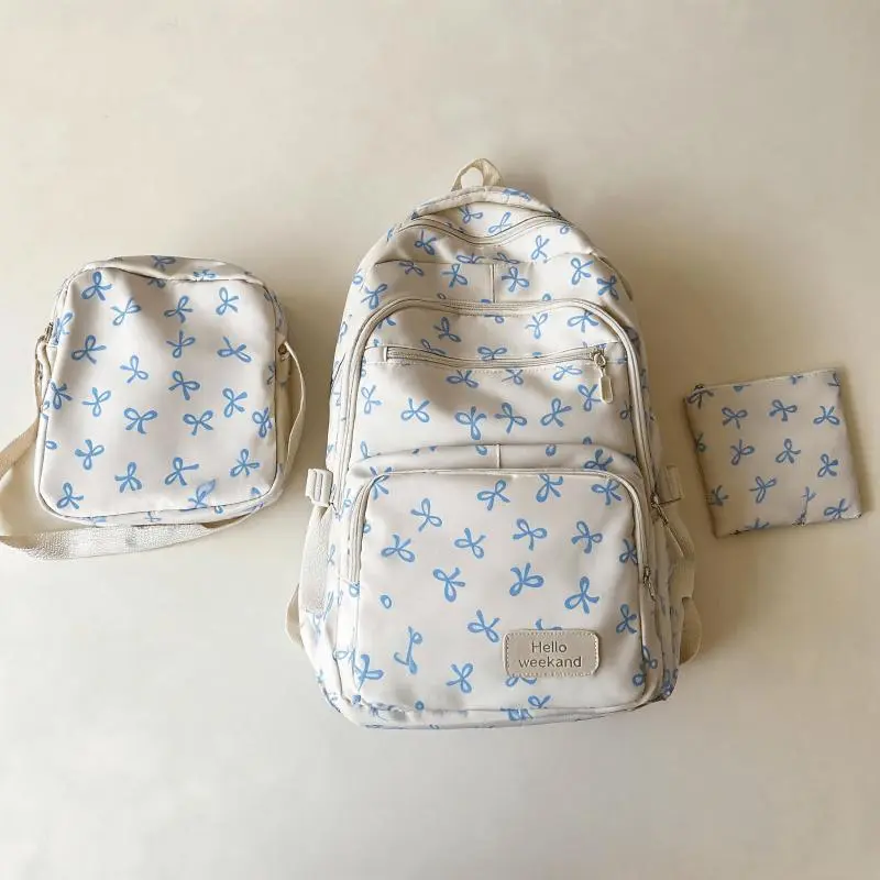 JSERYISGN Korean Bow Print Women's Schoolbag – Simple & Lightweight, Three-Piece Backpack for College Students