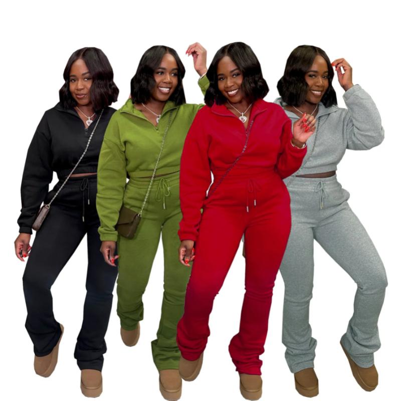Women's Two-piece Zipper Half Collar Waist Cinched Fleece Sweatshirt Tied Rope Pants Set 2026 Autumn Slim Fit Tracksuit Set Crop Tops Flare Pants Set Fit  Tracksuit Set Drawstring Flare  Set Lounge Set with Flare Leggings Lounge Set with Bell Bottoms