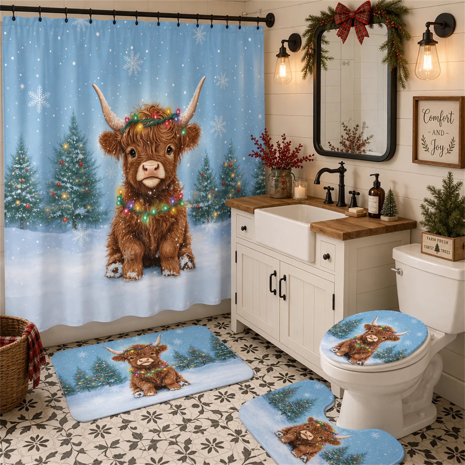 Winter Christmas Animal Bathroom Set 4-in-1, Cute Highland Cow Colorful Christmas Lights Snow Scene Shower Curtain Kit, Water Resistant Mildew Proof Curtain, Absorbent Anti-Slip Floor Mats, Farmhouse Holiday Home Decor Complete Bathroom Kit