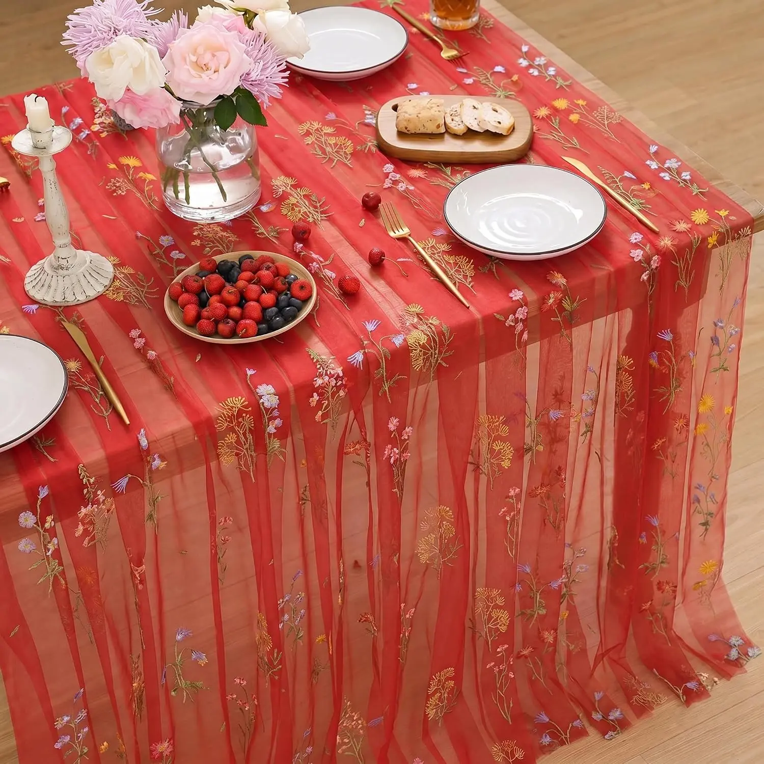60*120 Inch Christmas Red Embroidered Rectangular Tablecloth, Washable Reusable Gauze Tulle Table Cover for Seasonal Holiday Garden Party Decoration