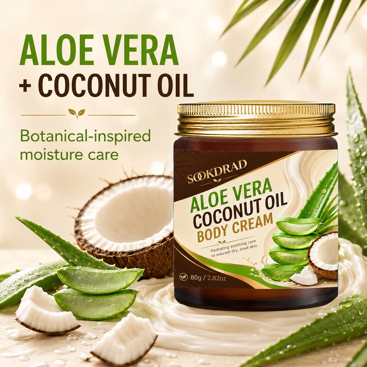 Aloe Vera Coconut Oil Body Cream, Hydrating, Soothing, Nourishing, Suitable for dry tired skin, 80g/2.82oz
