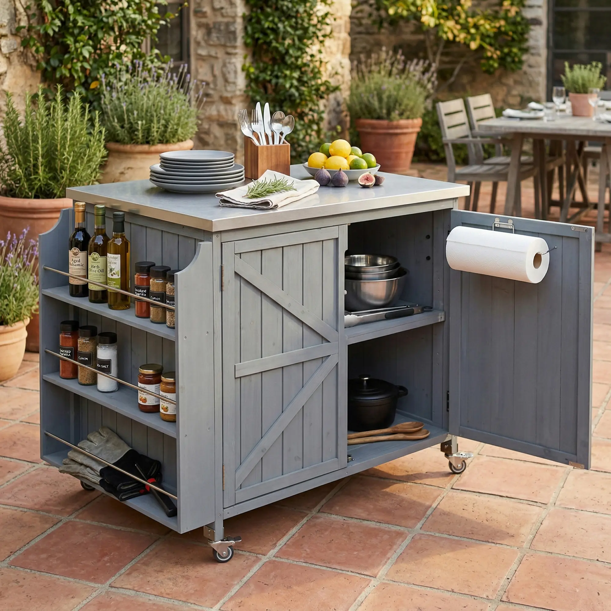 ARCH 42.1" Outdoor Kitchen Island with Storage Cabinet and Side Shelf, Stainless Steel Top, Adjustable Shelf, Locking Wheels, Grey Blue, for BBQ Prep and Garden Patio Use, Grey+Blue Color Options, Metal/Stainless Steel Material, Classic/Farmhouse/Fre