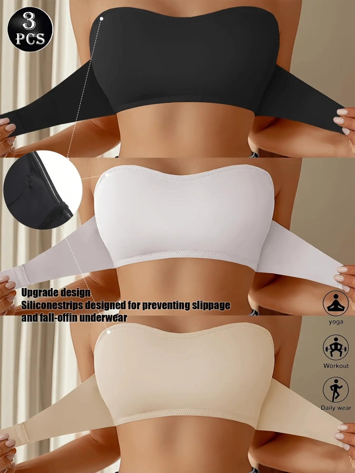 Wireless Strapless Bra, Push-Up Bralette, Seamless Comfort, Elegant Design, Medium Support, All Seasons, Plain Surface, Lined