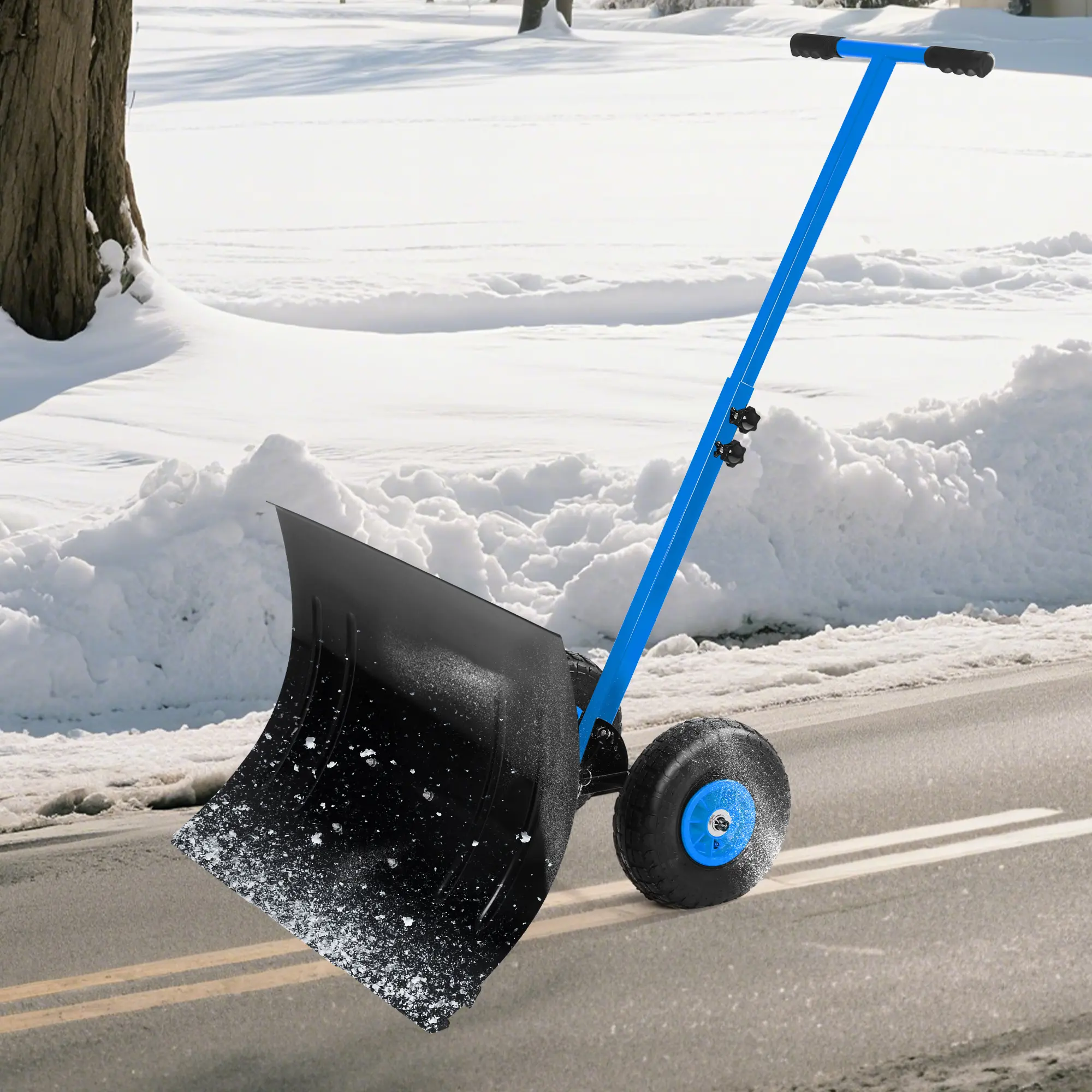 Rolling Snow Shovel with Wheels, Heavy-Duty Carbon Steel Snow Pusher Plow - 5-Position Angle Blade - Adjustable Height Ergonomic T-Handle