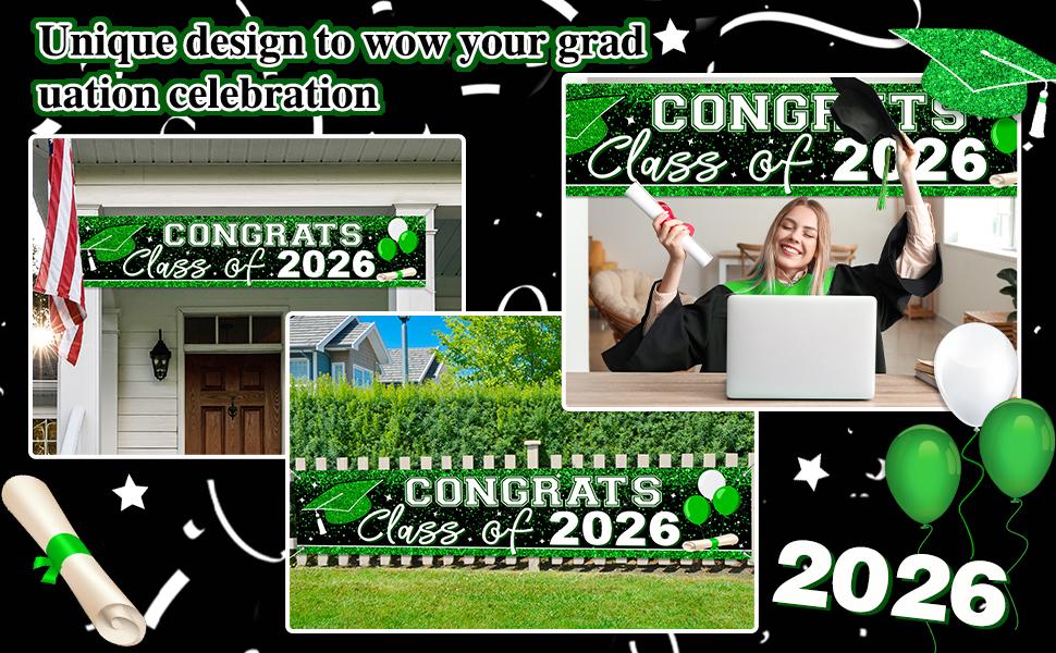 Graduation Decorations 2026 Yard Sign Large Class of 2026 Banner Green Congrats Grad Graduation Party Games Supplies (Green)