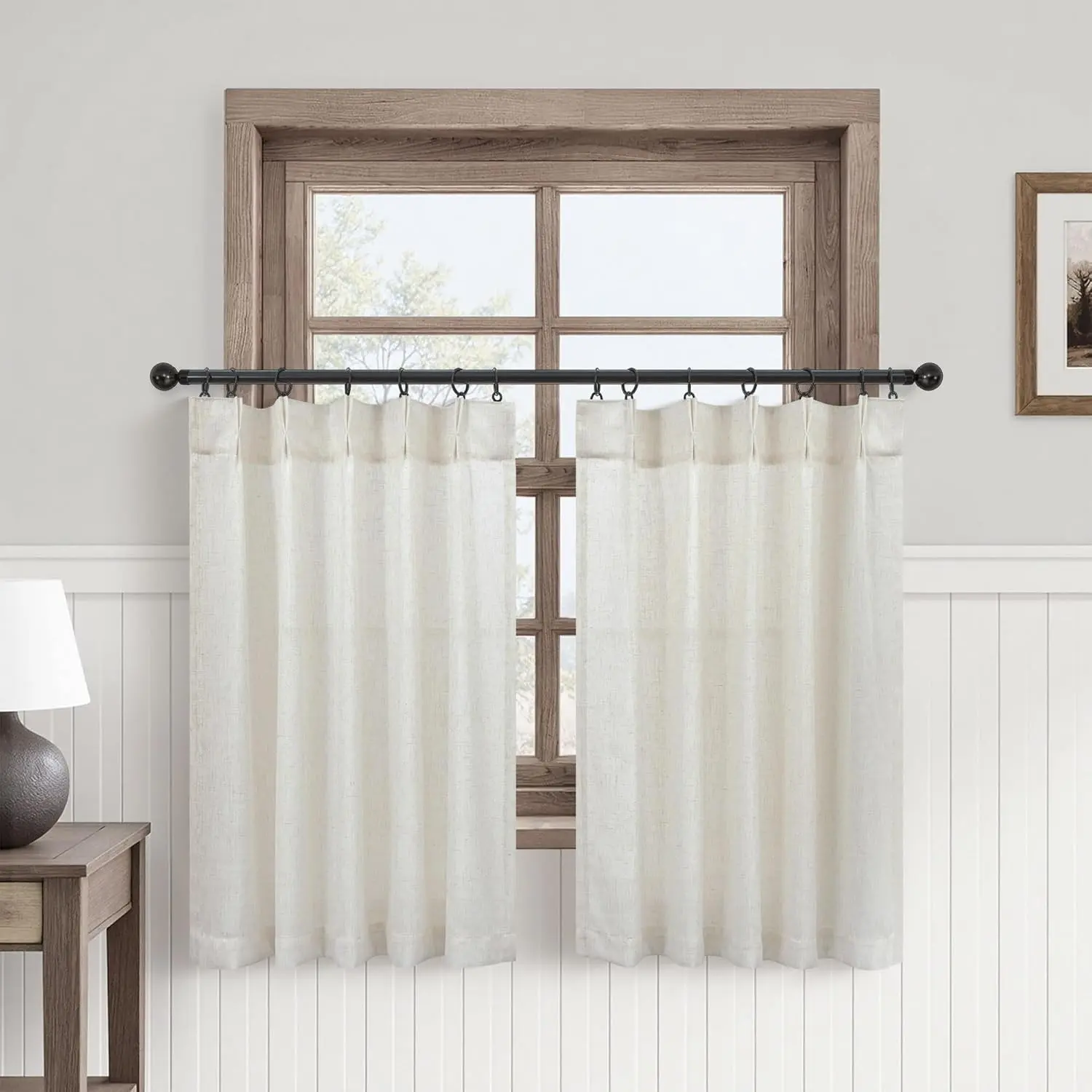 Cream Linen Pinch Pleated Light Filtering Curtain Panel Tiers Set, 2-Panel Short Length 30x24in Ivory Cafe Curtains with Hooks, Semi Sheer Small Window Treatment for Basement