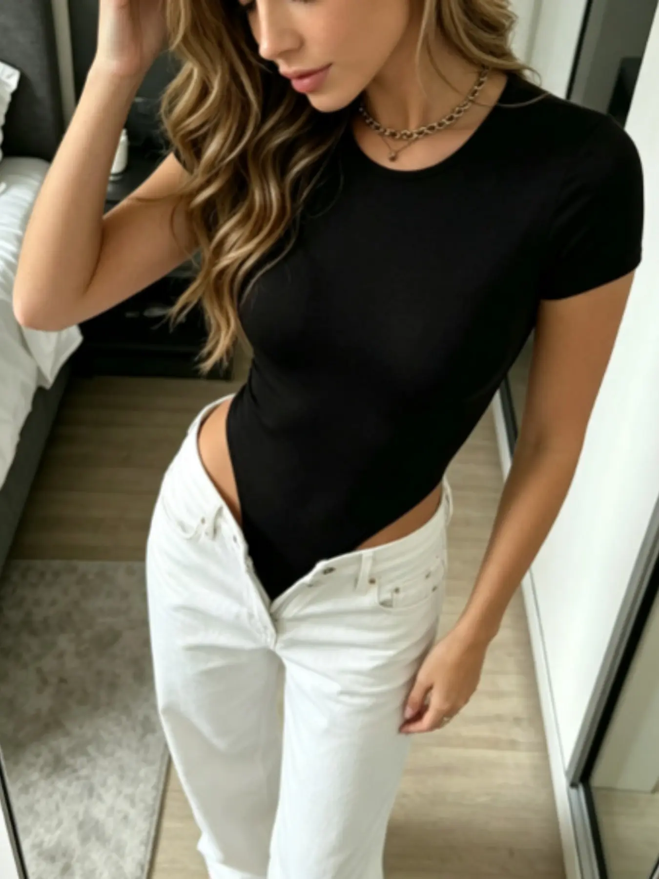 Sexy Y2K Round Neck Short Sleeve High Split Bodysuit, Stretch Fitted Tight Bodycon Top, Style Solid Innerwear