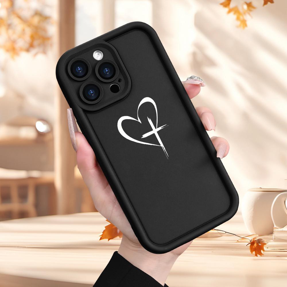 This phone case is compatible with iPhone 17 E Air Pro ProMax iPhone16 15 14 Plus 13 12 Mini 11 X XS XR. It has a unique minimalist design with heart and cross patterns, is anti-fouling, and is perfect for couples