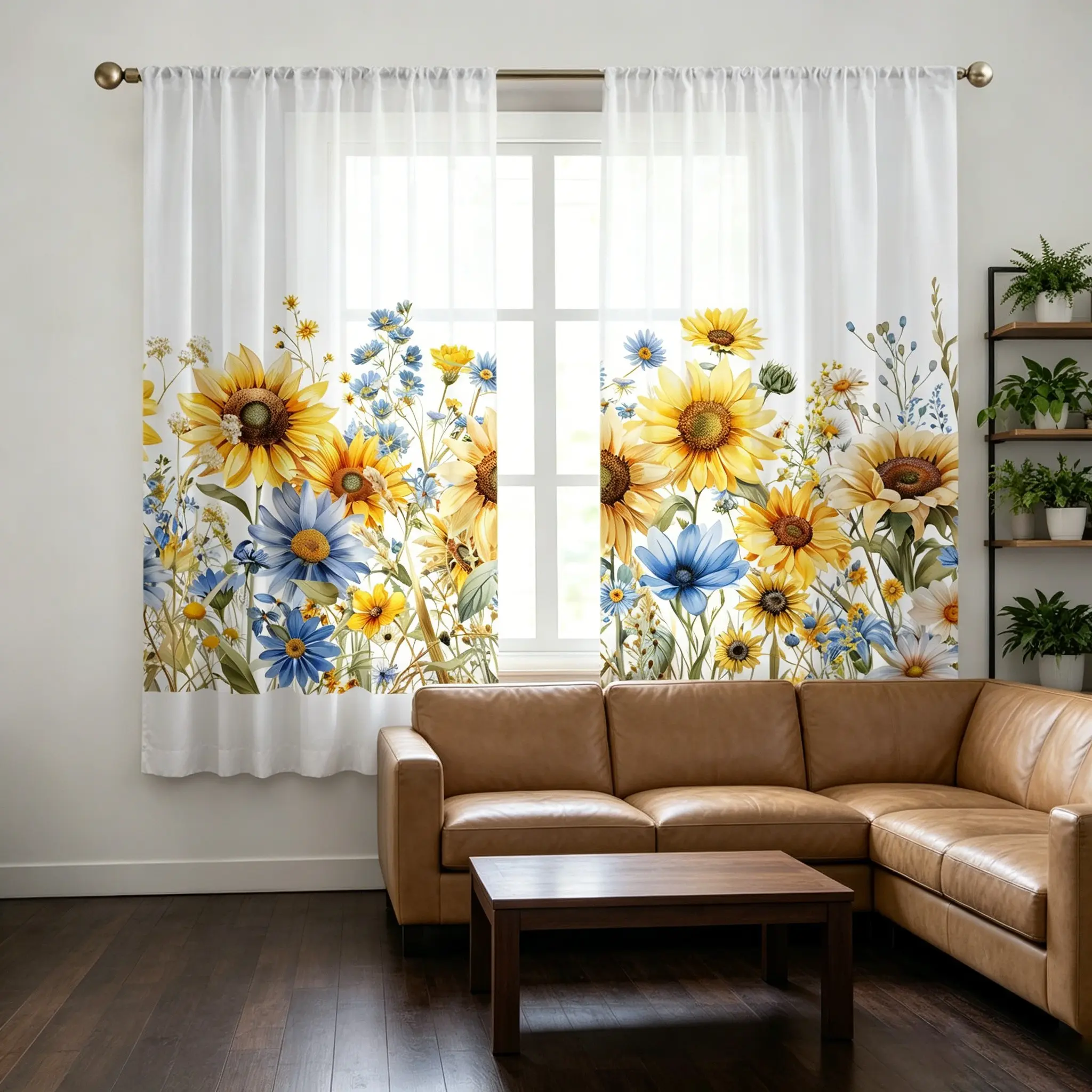 2PCS country-style, small and fresh sunflower blue flower transparent sheer kitchen curtains, suitable for kitchen, coffee shop, and home use, made of polyester material