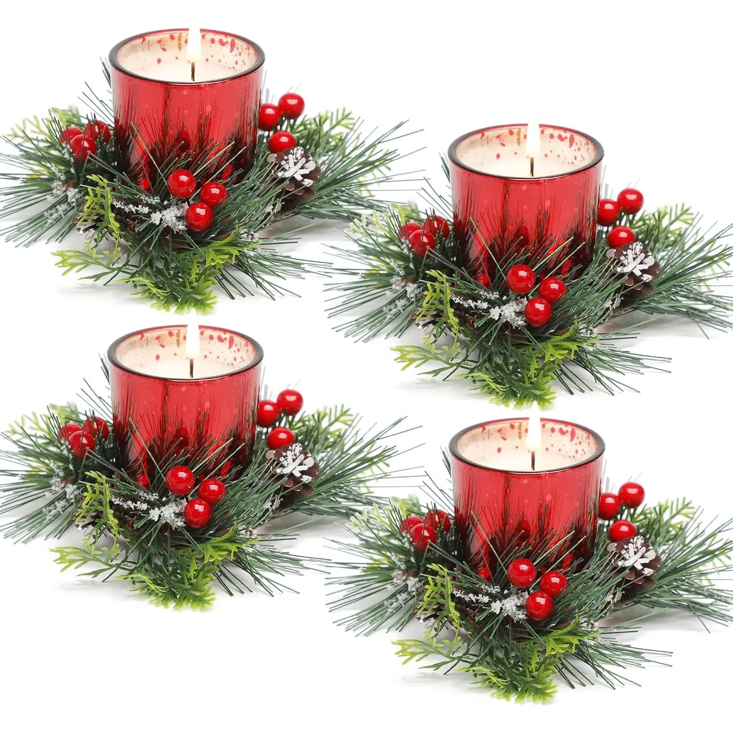 Christmas Candle Ring, 4 count Votive Candle with Red Berry Pinecone, Xmas Ring Candle for Table Centerpiece Decoration Wedding Holiday,Red