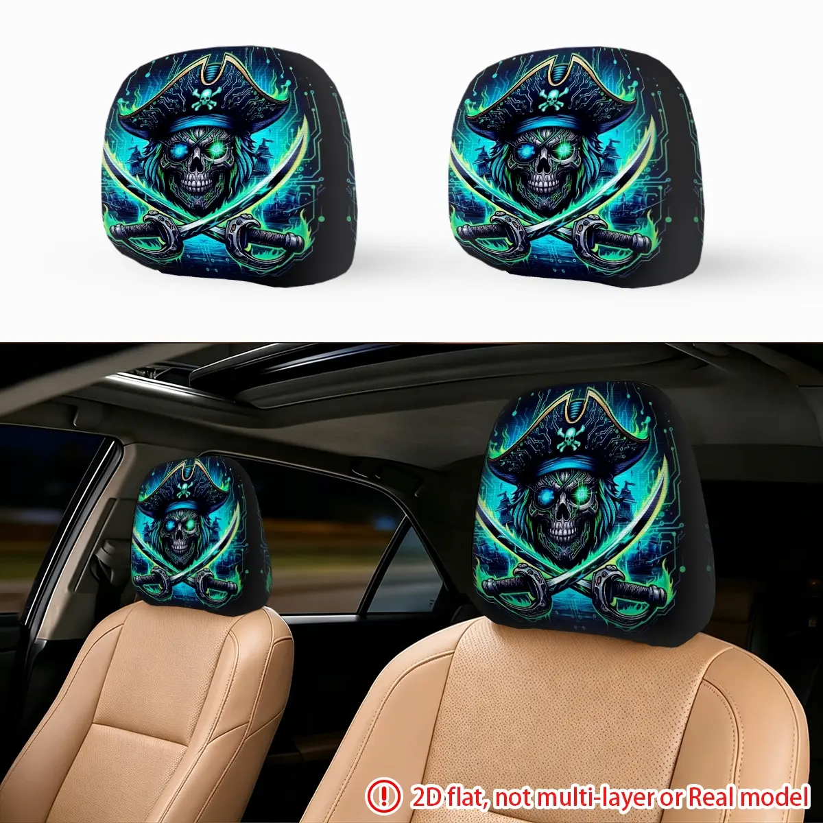 2pcs pirate skull car headrest pillowcase, car headrest protective cover, personalized decoration suitable for car seat headrest decoration, Car Accessories