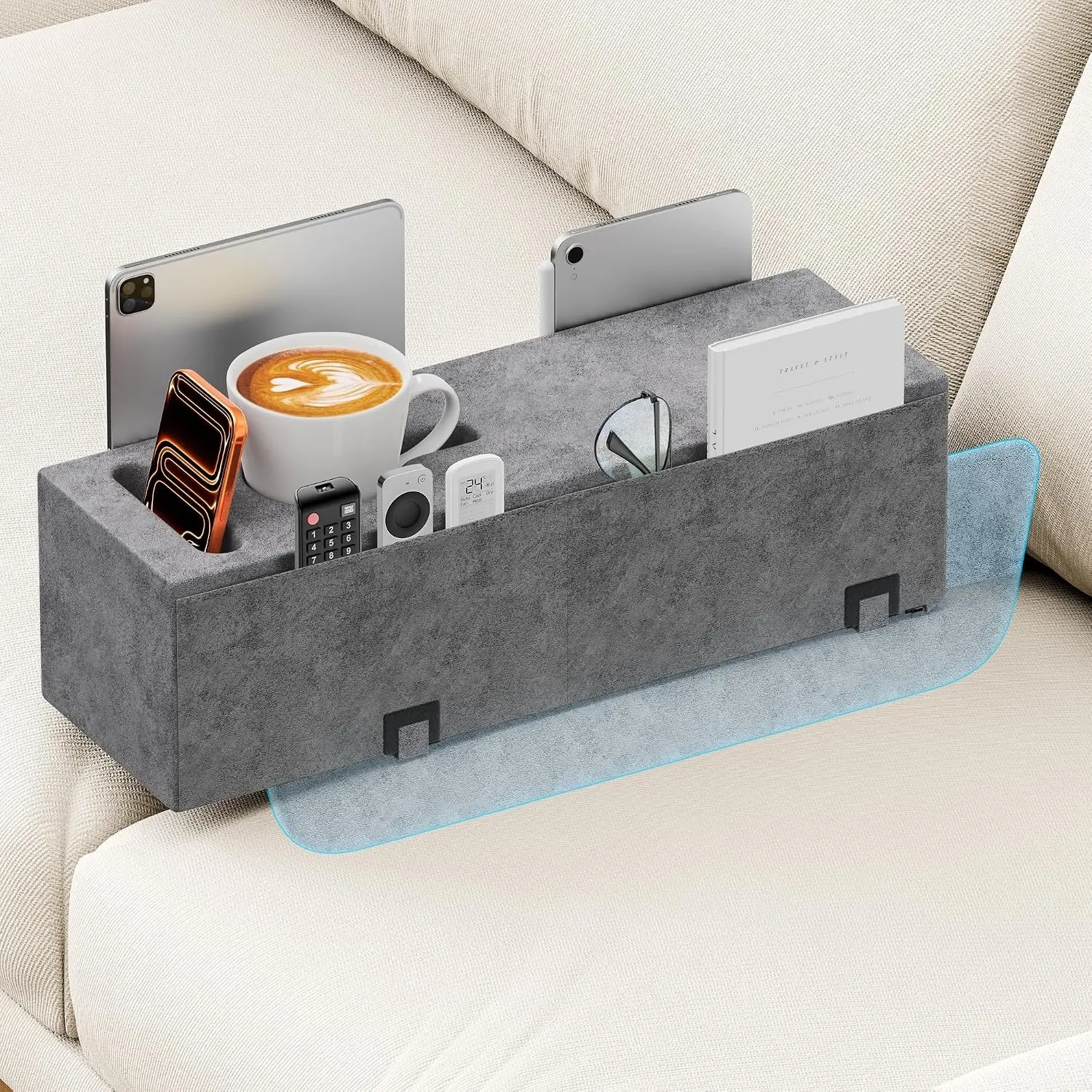 Removable Sofa Armrest Couch Caddy with Cup Holder, Storage Tray Insert Between Cushions for Drinks Reading, Perfect for Sofa Bed Rest Pillows