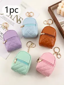 Mini Quilted Backpack Keychain Coin Wallet, Cute Soft Leather Small Zipper Wallet, Multifunctional Portable Storage Bag, Girls' Daily Use