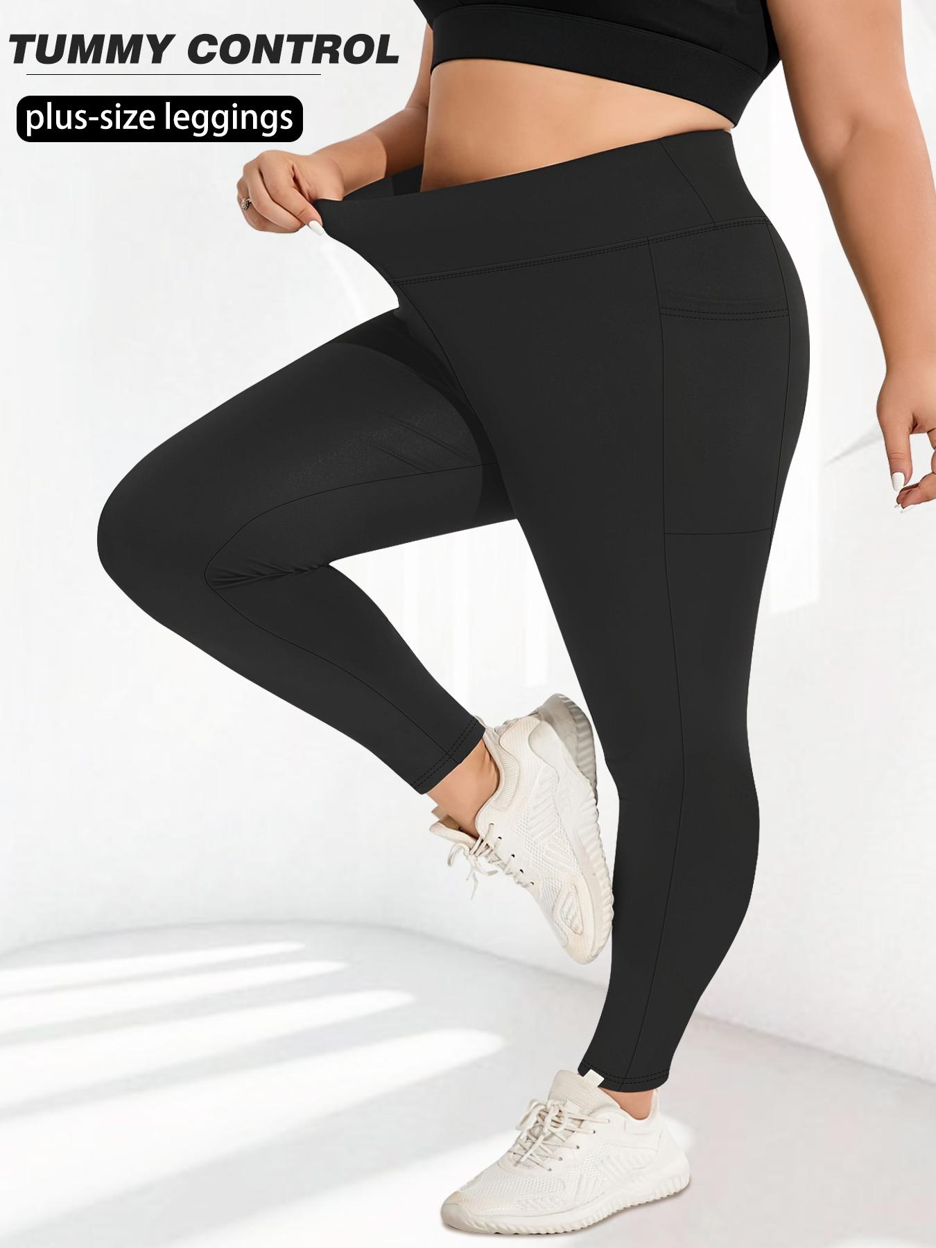 Plus Size Solid High Waist Pocket Leggings, Casual Comfy High Stretch Skin-friendly Skinny Pants for Women, Women's Bottoms for All Seasons