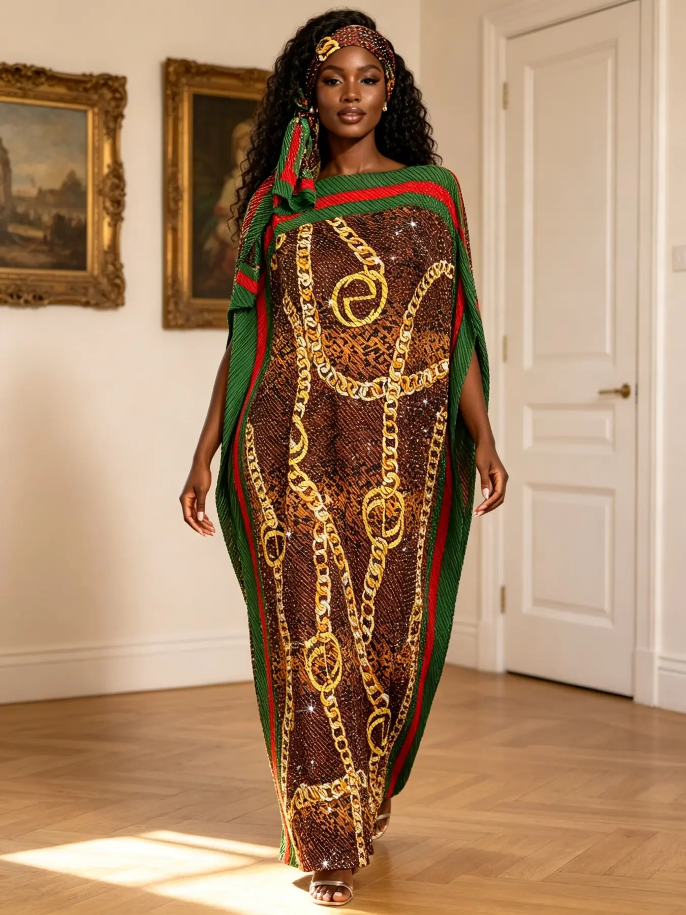 Plus Size Women's Two-Piece Satin Pleated Kaftan Set, Base Gold Chain Print, Loose-Fit Batwing Sleeve, Home Beach Vacation Wear
