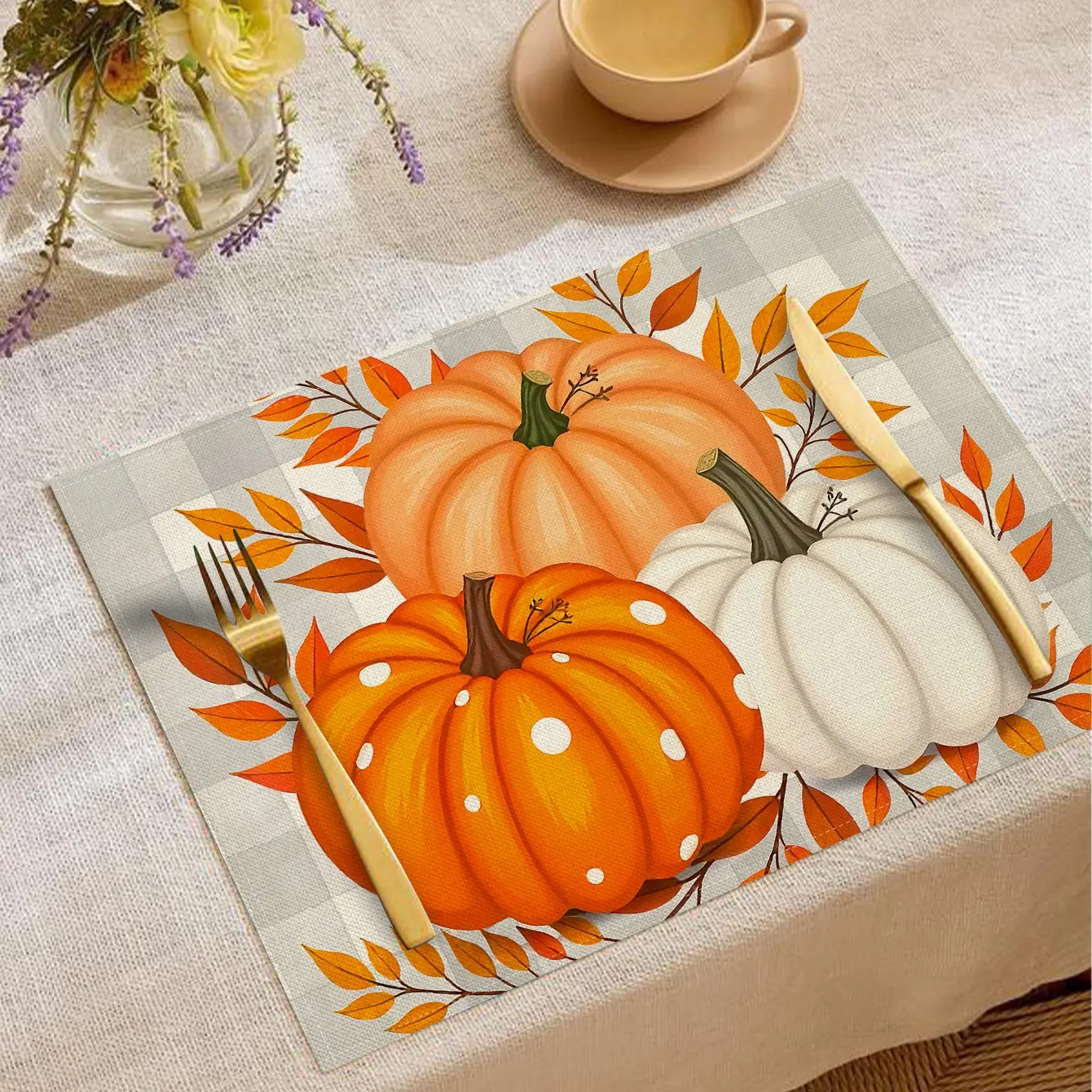 Autumn Thanksgiving Harvest Checkered Pumpkin Print Table Placemats, Heat Resistant, Simple Style, Ideal for Festive Dinners and Daily Use