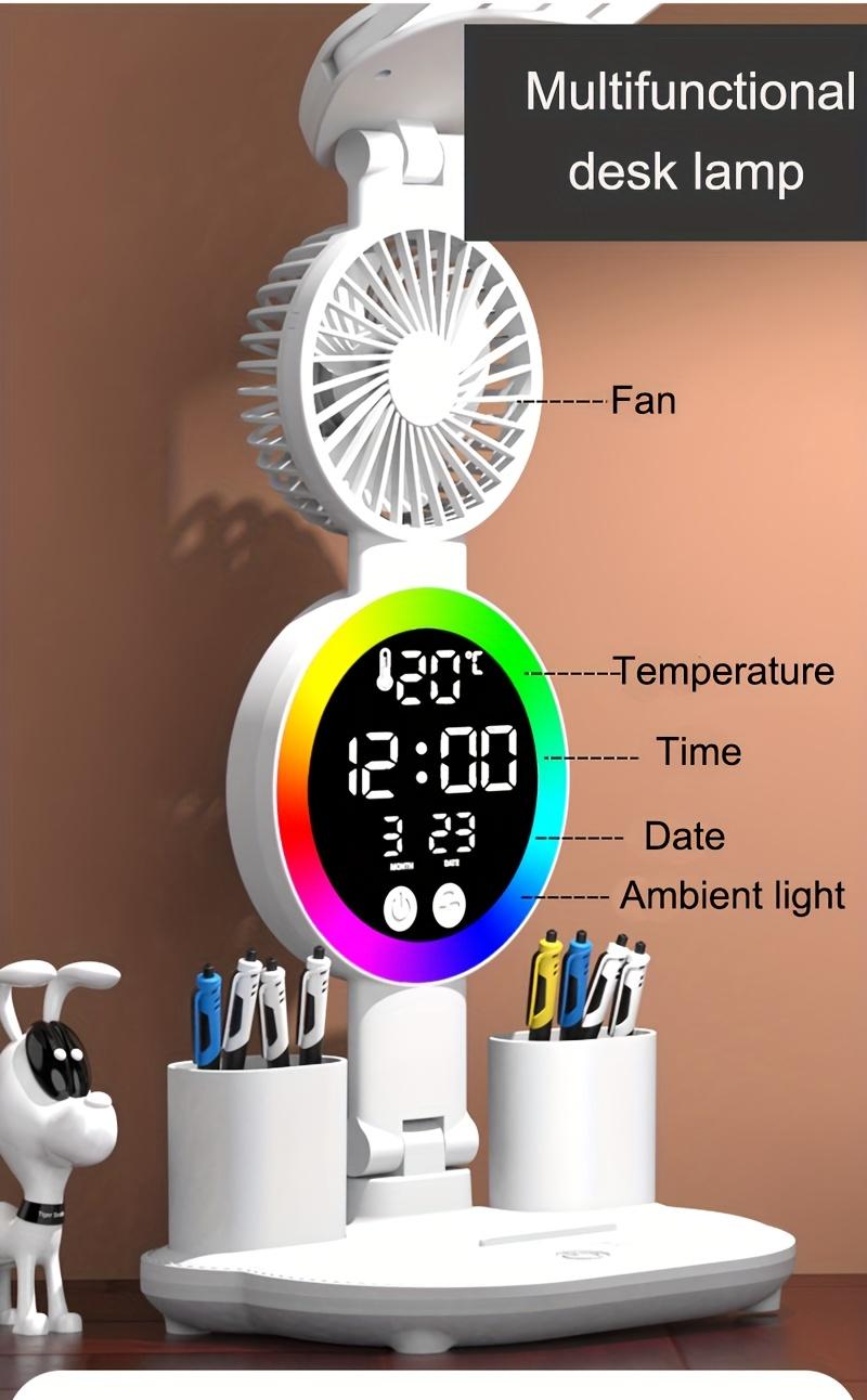 4 Head Eye Protection Desk Lamp for Office Home Room Type-C Powered Multifunctional Reading Lamp with Fan Dimmable Bedroom Nightstand Studying Lights USB Rechargeable