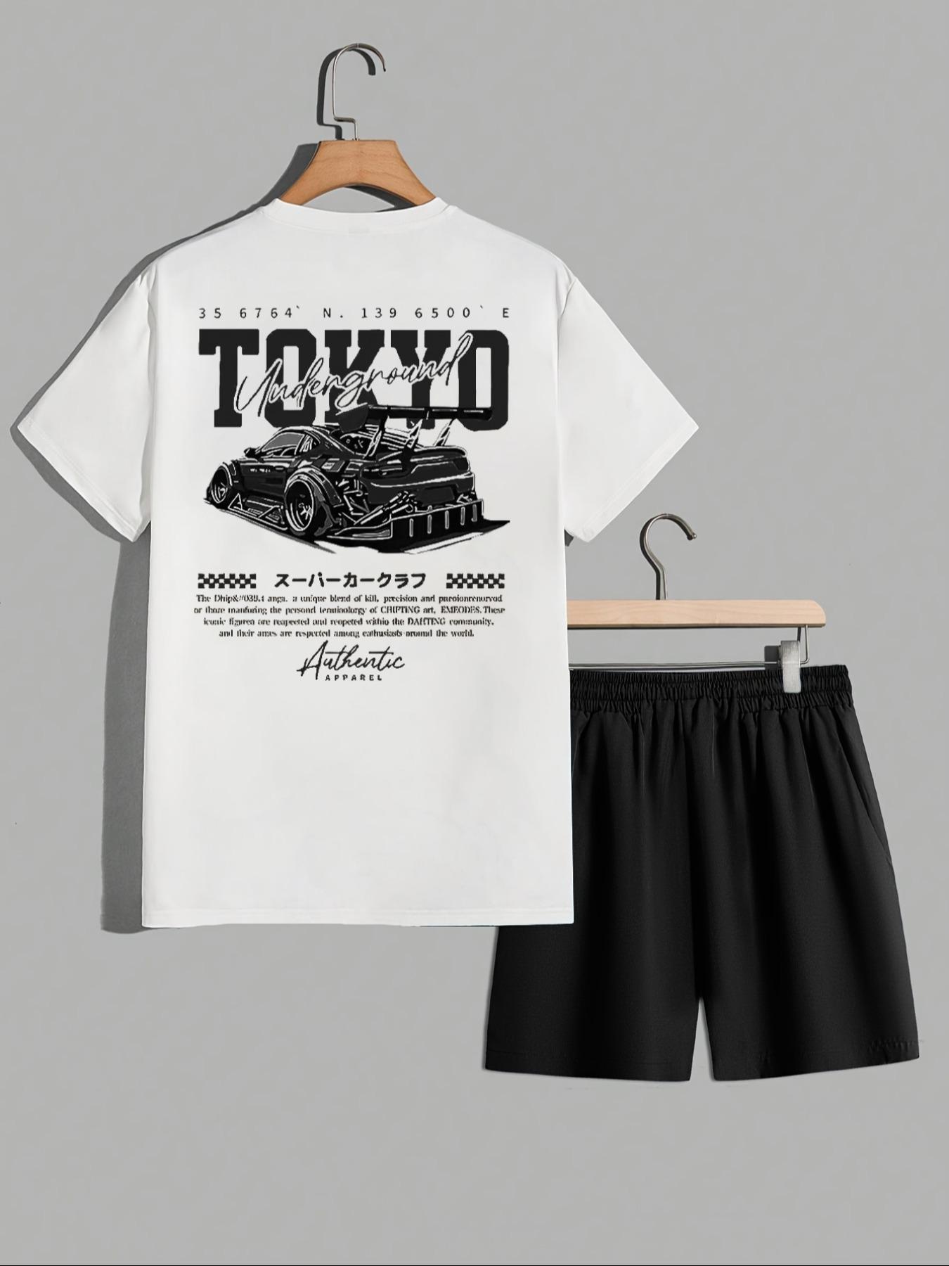 Two-Piece Set Men's Car Print Tee & Shorts, Regular Fit Casual Round Neck Short Sleeve T-shirt & Track Shorts, Men's Summer Clothes