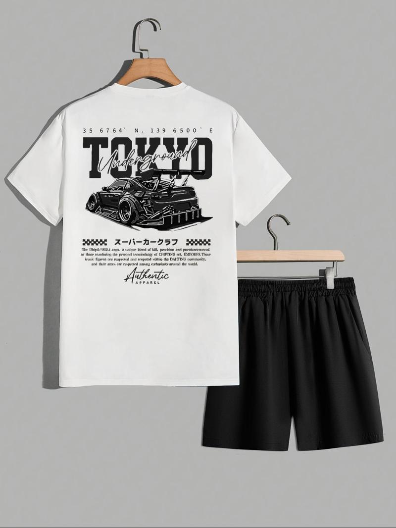 Two-Piece Set Men's Car Print Tee & Shorts, Regular Fit Casual Round Neck Short Sleeve T-shirt & Track Shorts, Men's Summer Clothes