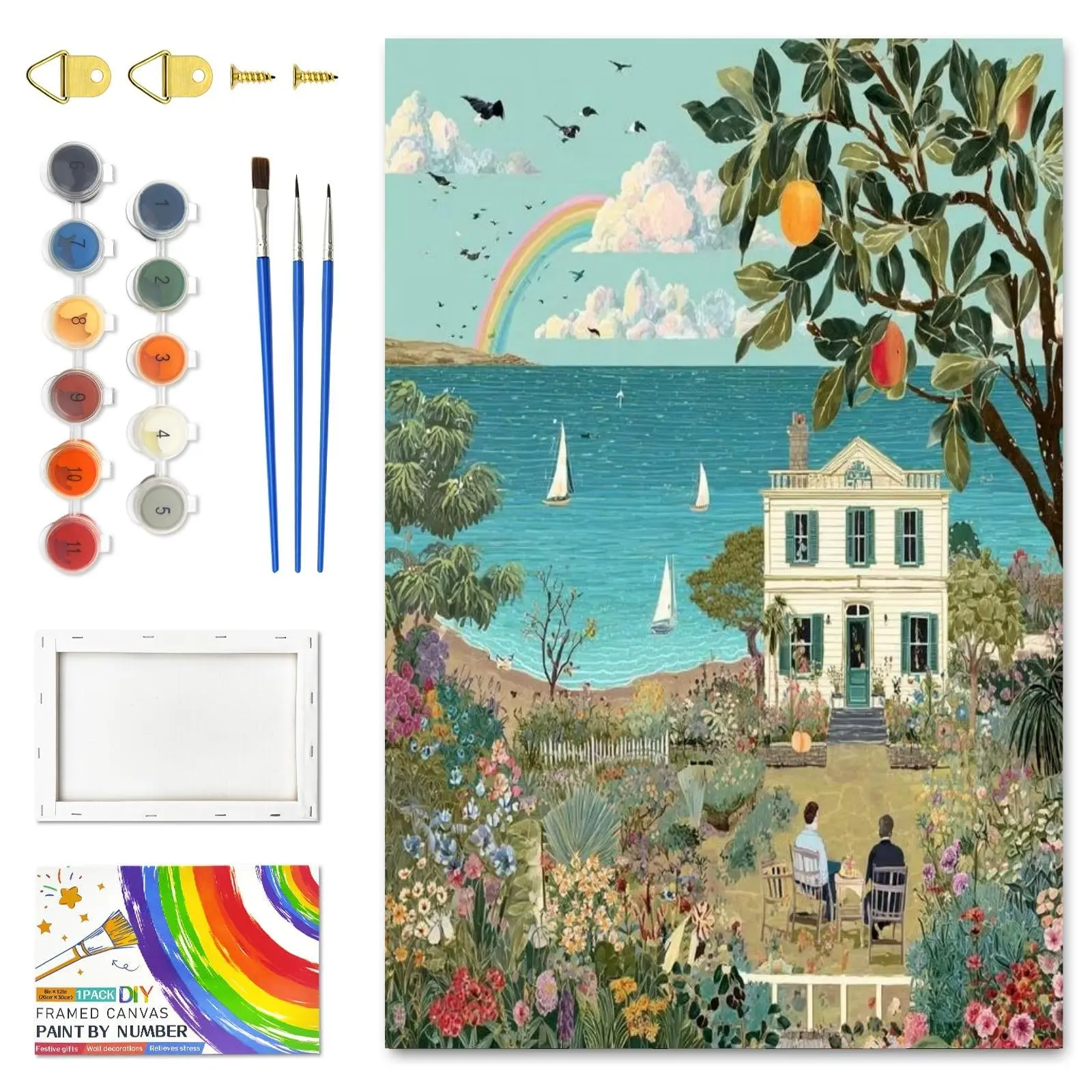 DIY Paint by Numbers for Adults Framed 40x50cm 16x20 Inch Stretched Canvas Cozy Aesthetic European Country Food Still Life Handpainted Unique Home Wall Art Decor Unique Hobby Crafts Summer Party Birthday Gift Idea Framed Paint by Number Kit