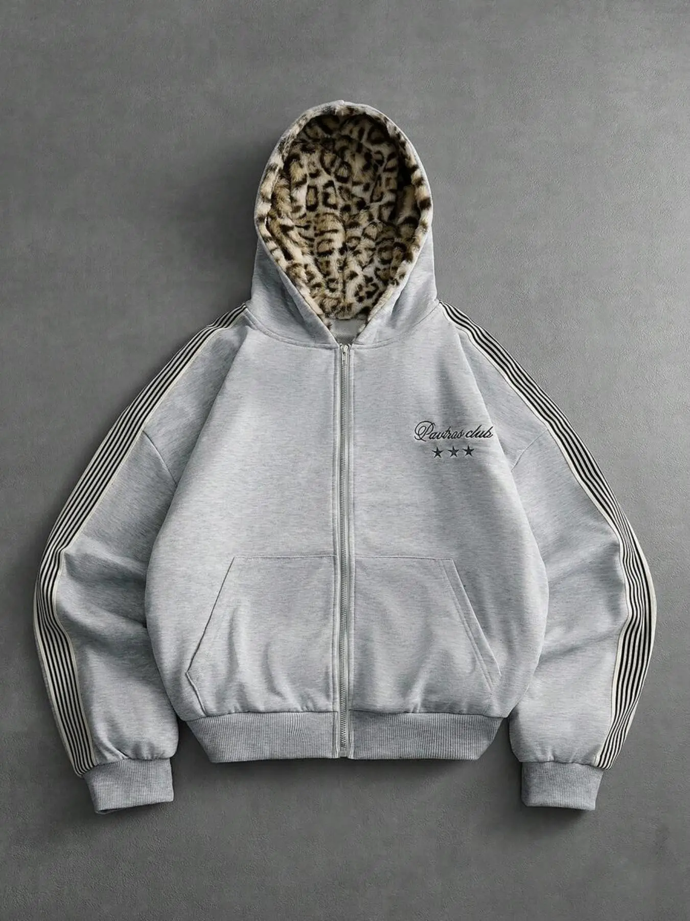 Men's Leopard Print Hooded Zipper Jacket, Deep Patchwork Knit Open Front Sweatshirt, Streetwear Vintage Embroidery Oversize Coat