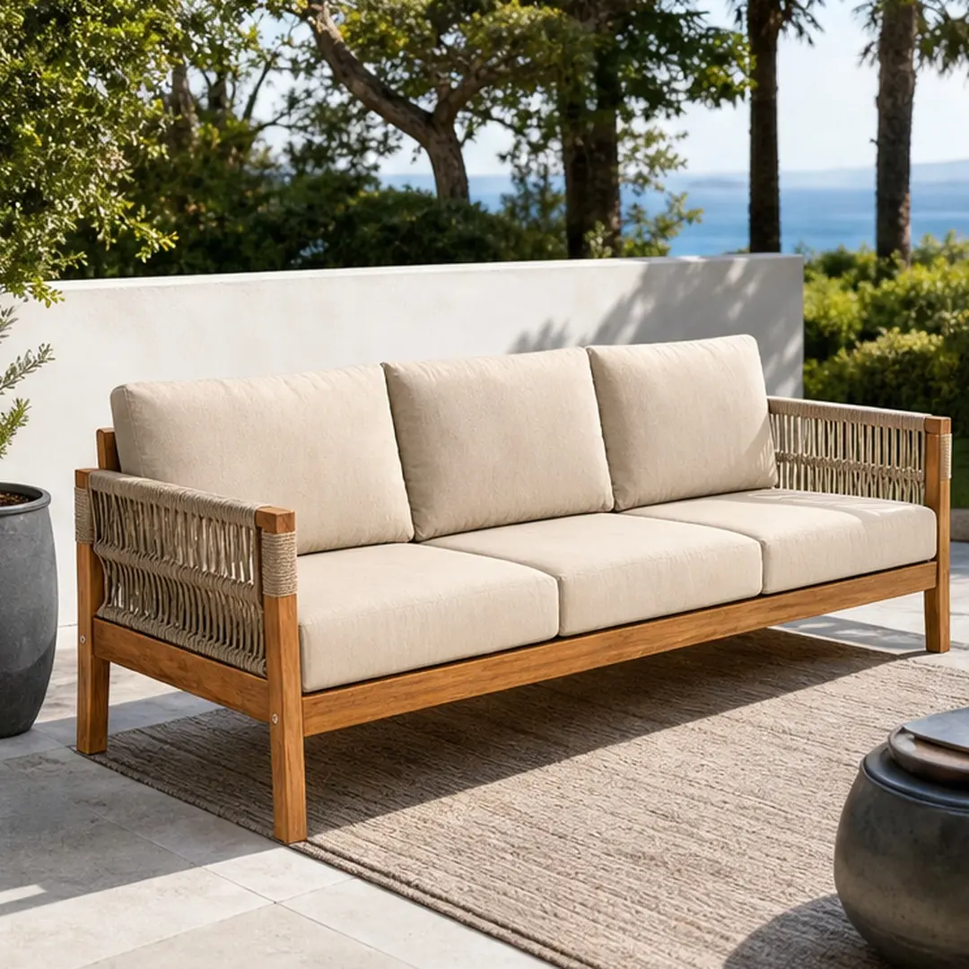 ARCH Outdoor Acacia Wood Rope 3-Seater Heavy-Duty Outdoor Loveseat Patio Sofa with Water-Repellent Cushions, Teak+Beige, Weather-Resistant, Easy Assembly, 74.8W x29.9D x29.3H in, 67.24 lb, for Garden, Deck, Heavy-Duty Outdoor Loveseats