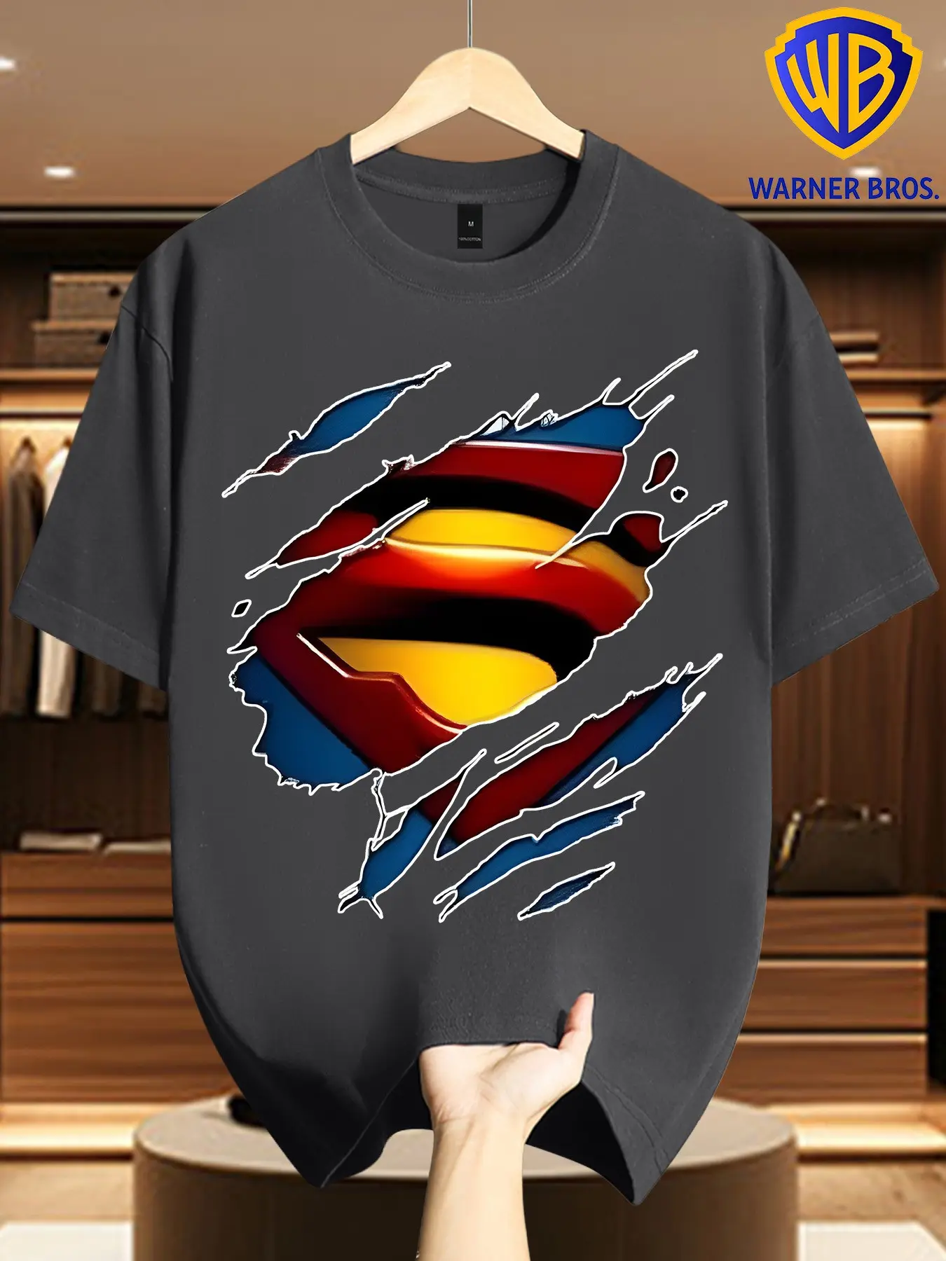 Warner Bros Men's 3D Superman Logo Print T-Shirt, Casual Loose-Fit Long Sleeve, Creative Streetwear Superhero Symbol Top