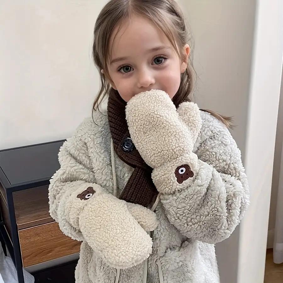 Kids Plush Winter Gloves with Neck Hanging Loop - Thick Warm Thermal Mittens for Boys & Girls 2-5 Years, Soft Brown/Beige/Gray/Black, Cozy Everyday & Play, Easy On/Off Design, Ideal for Christmas & New Year's Gifts, Adorable Plush Material for Boys & Girl