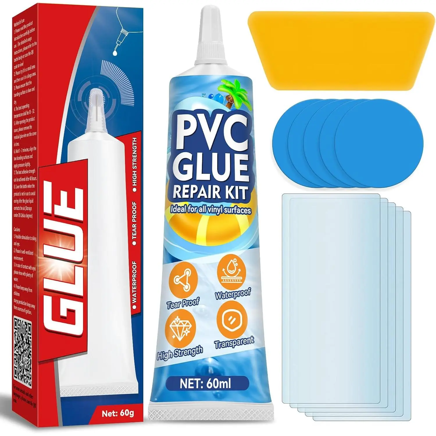 Air Mattress Patch Kit,  Vinyl Repair Kit with PVC Glue | Pool Patch Repair Kit with a Flexible, Airtight PVC Bond;  After Curing, UV & Heat Resistant; Resists Peeling