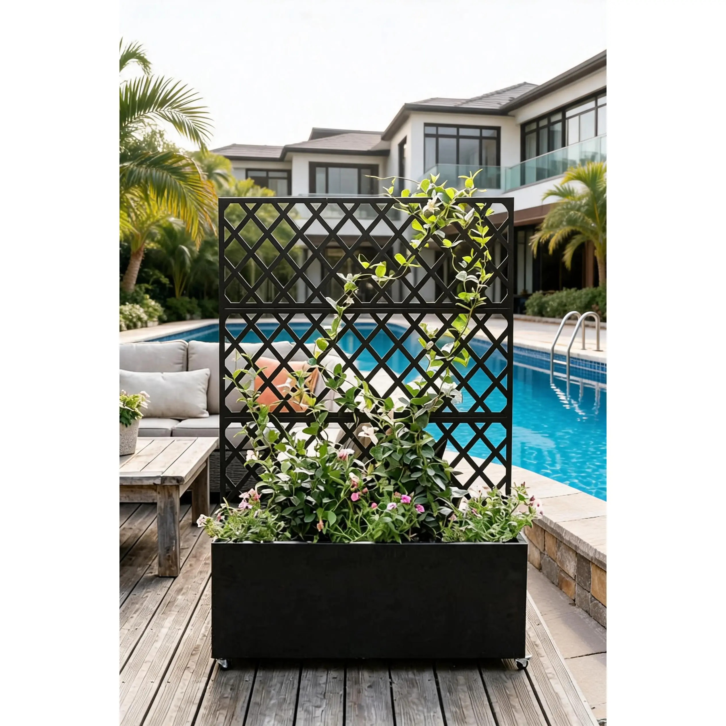 Galvanized Steel Raised Garden Bed with Trellis, Planter Box with Lockable Wheels, Drainage Holes & Privacy Screen for Vegetables, Vines on Patio, Deck, Yard